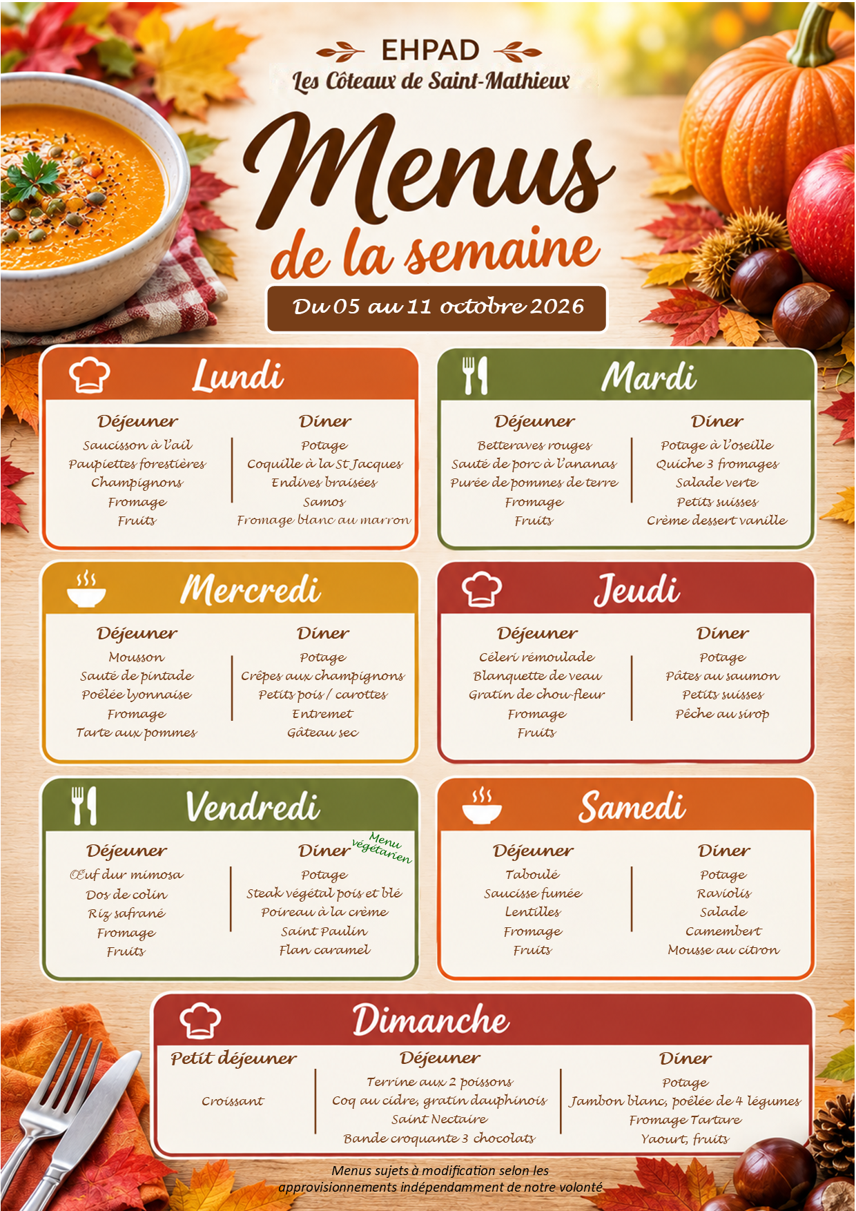 Menus du 05 au 11 octobre 2026