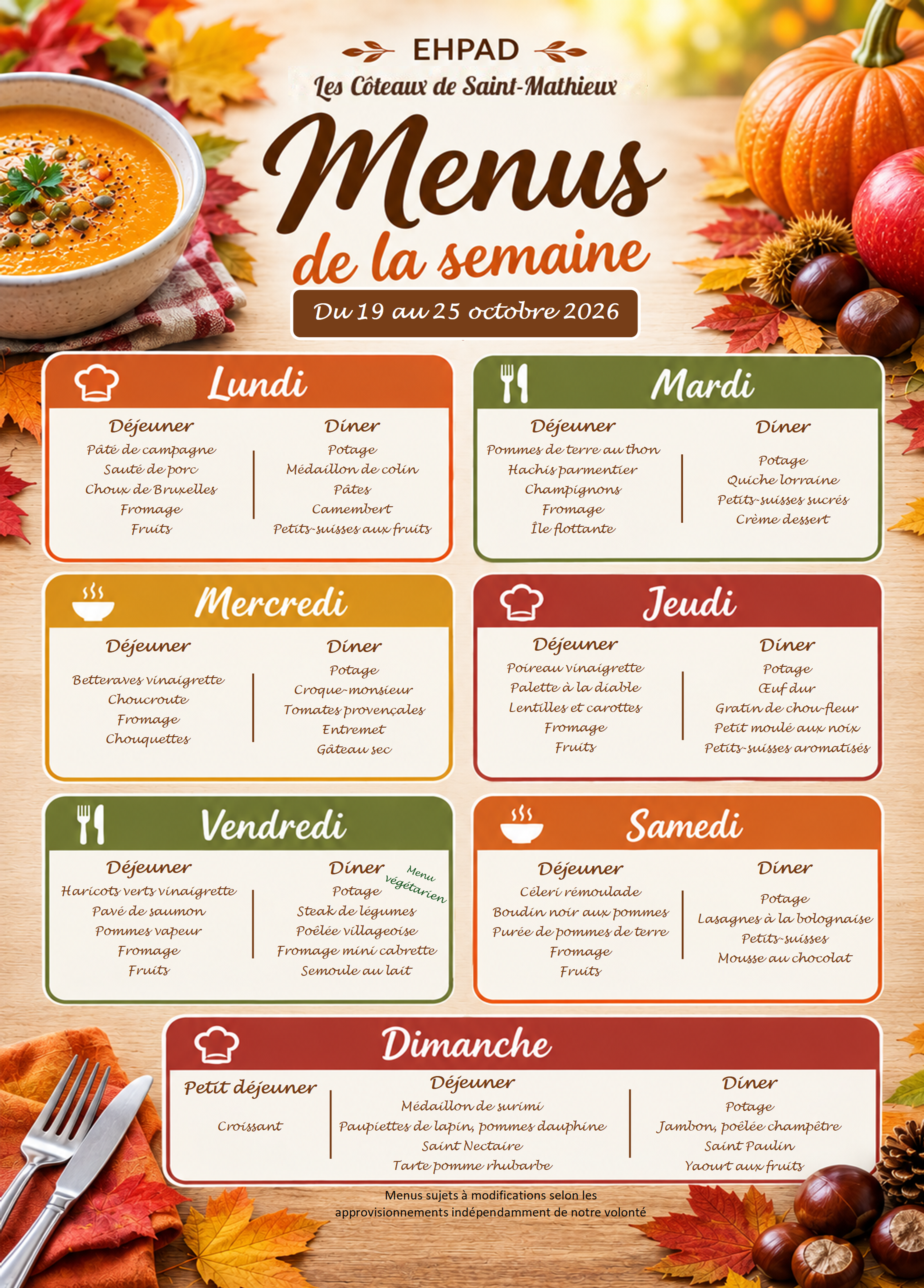 Menus du 19 au 25 octobre 2026